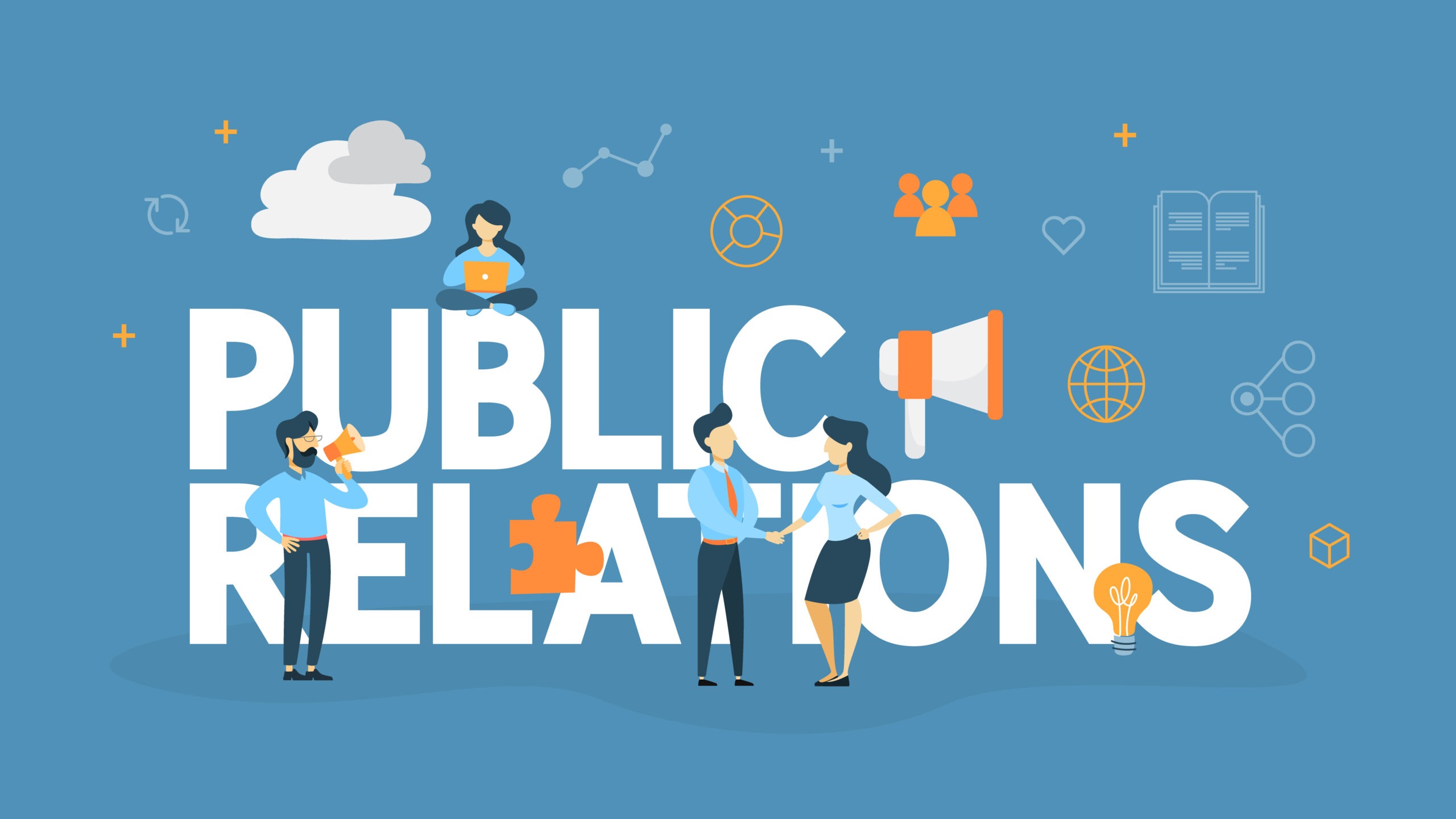 The word " Public Relations " is in the middle while there are illustrations of people touching the word and few symbols of communications.