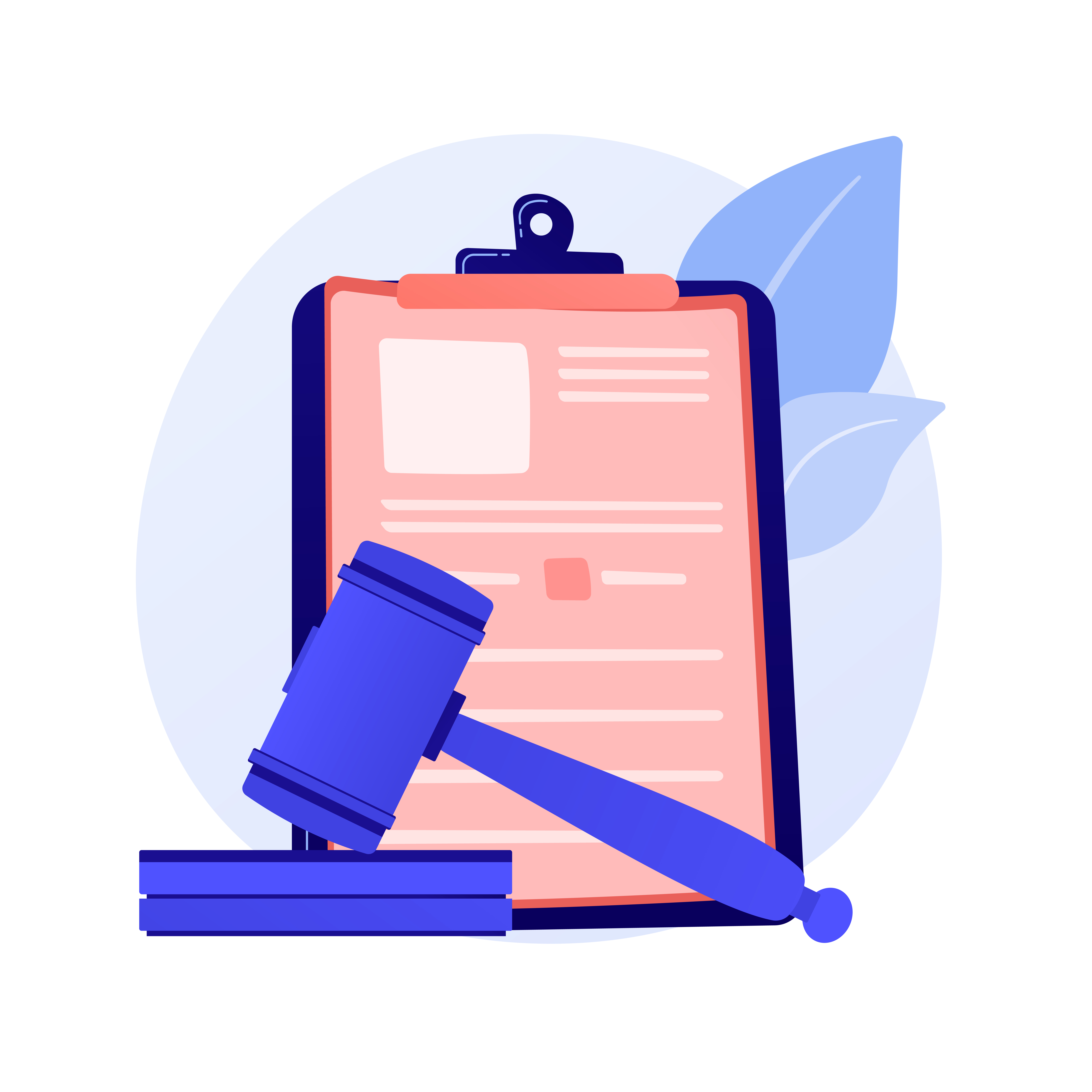 Vector a blue gavel and a pink document on a clipboard.