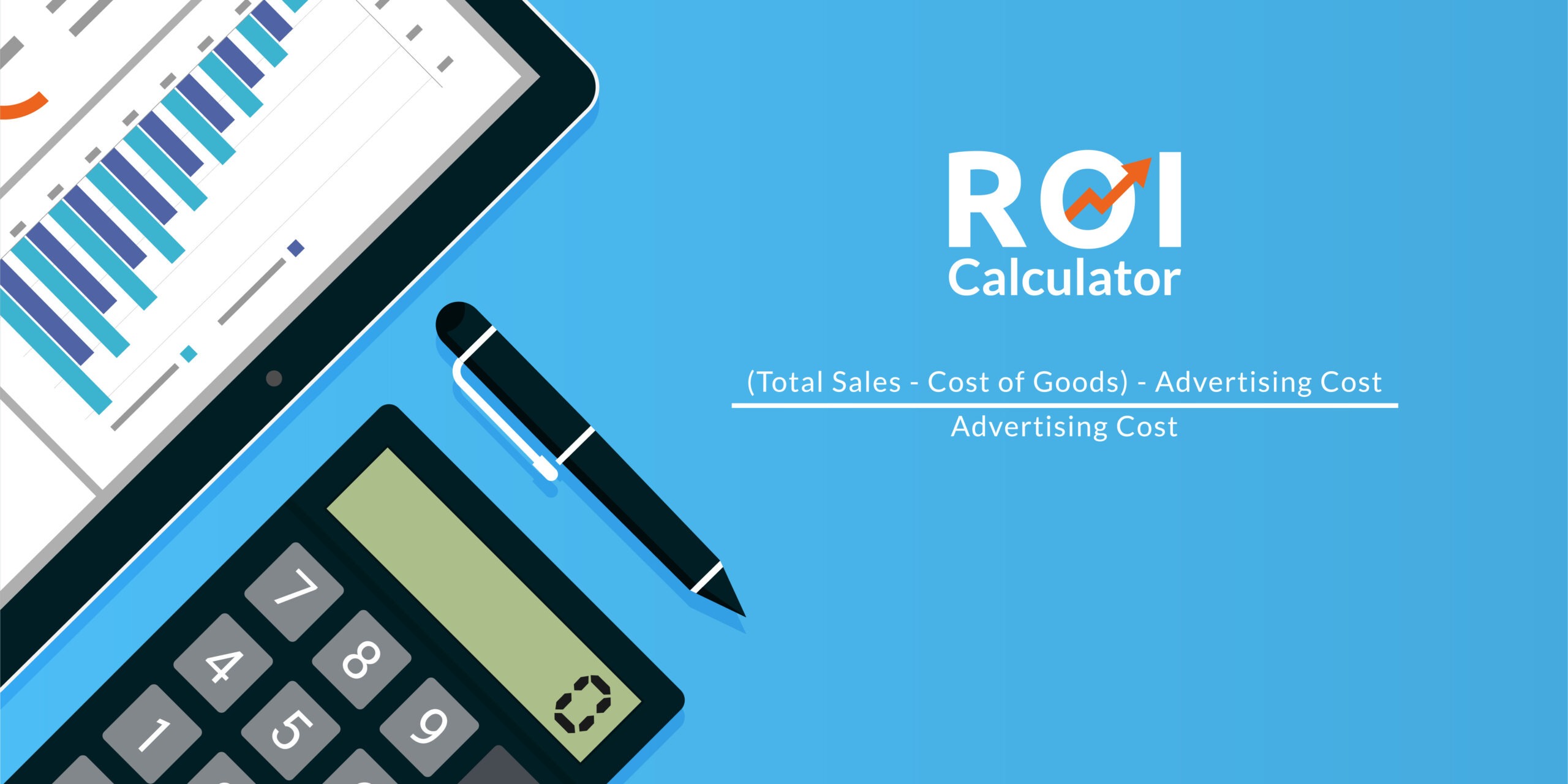 A graphic of a calculator, a pen, and graph with the word "ROI" and the words "Return on investment" below it.