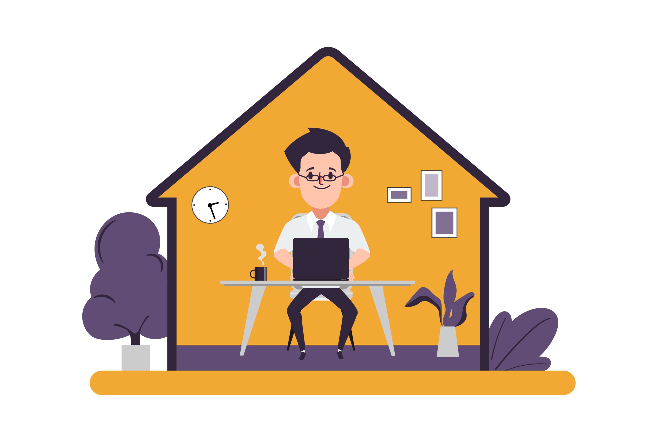 An illustration of a person sitting at a desk in front a laptop inside a miniature house.