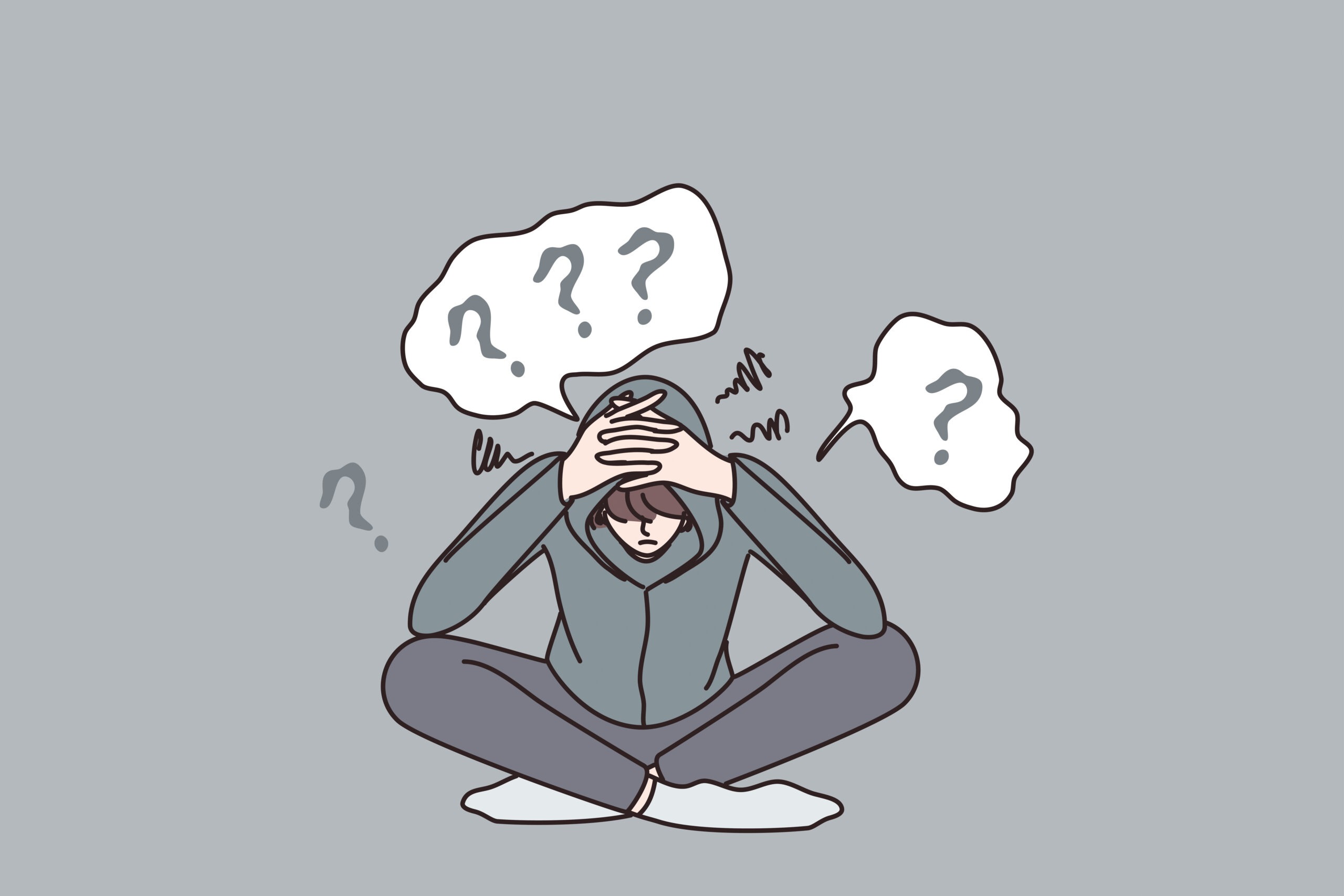 Graphic illustration a person sitting on the floor with their legs crossed. They have a hoodie on with their hand over their head while looking down. There are question marks illustrated all over the person's head.