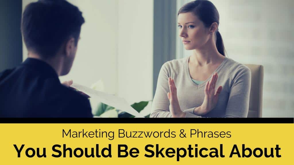 woman listening to a man say marketing buzzwords