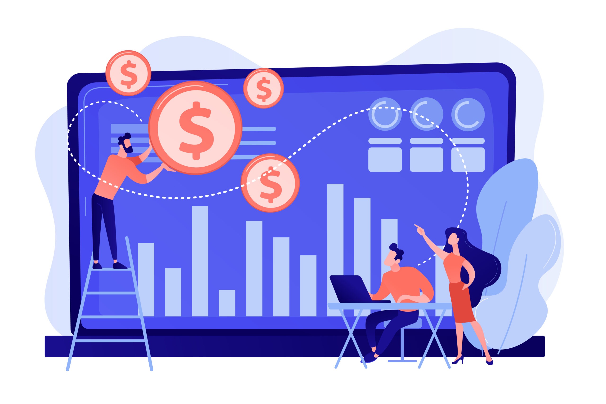 illustration of 3 people working a data monetization graphic