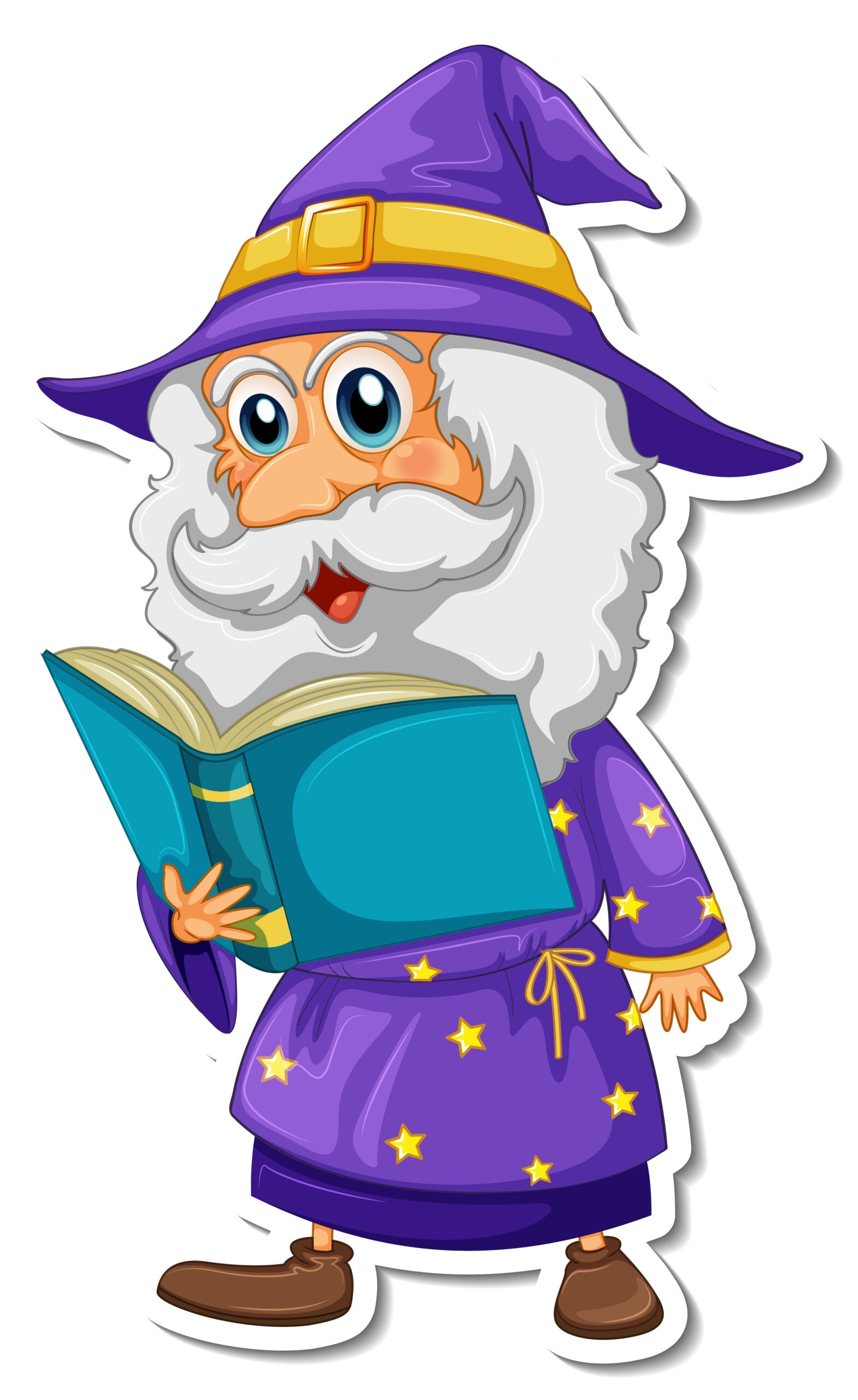 A graphic illustration of a wizard reading a book. 