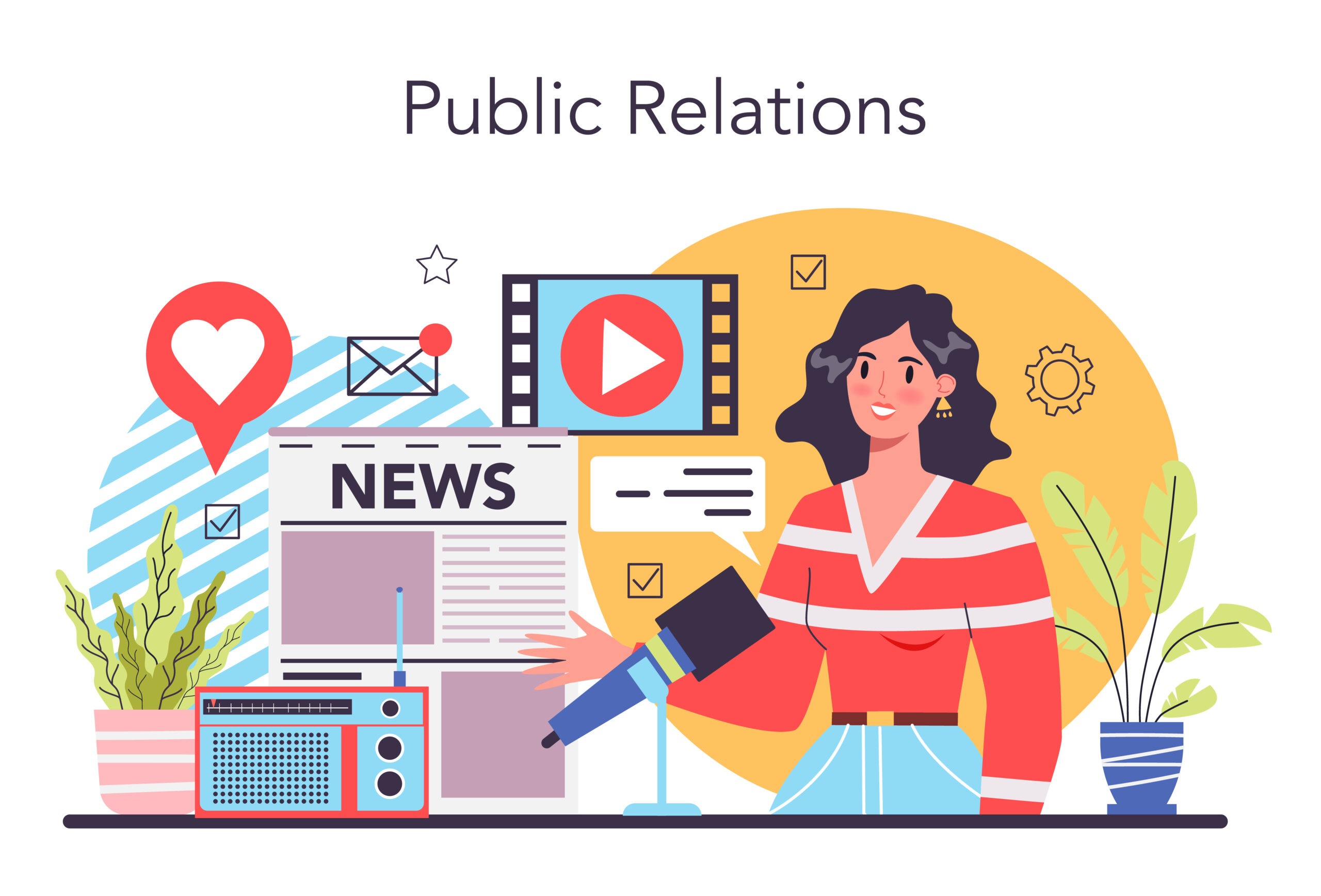 An illustration of a person surrounded by social media and media symbols and on the top is a the words "public relations". 