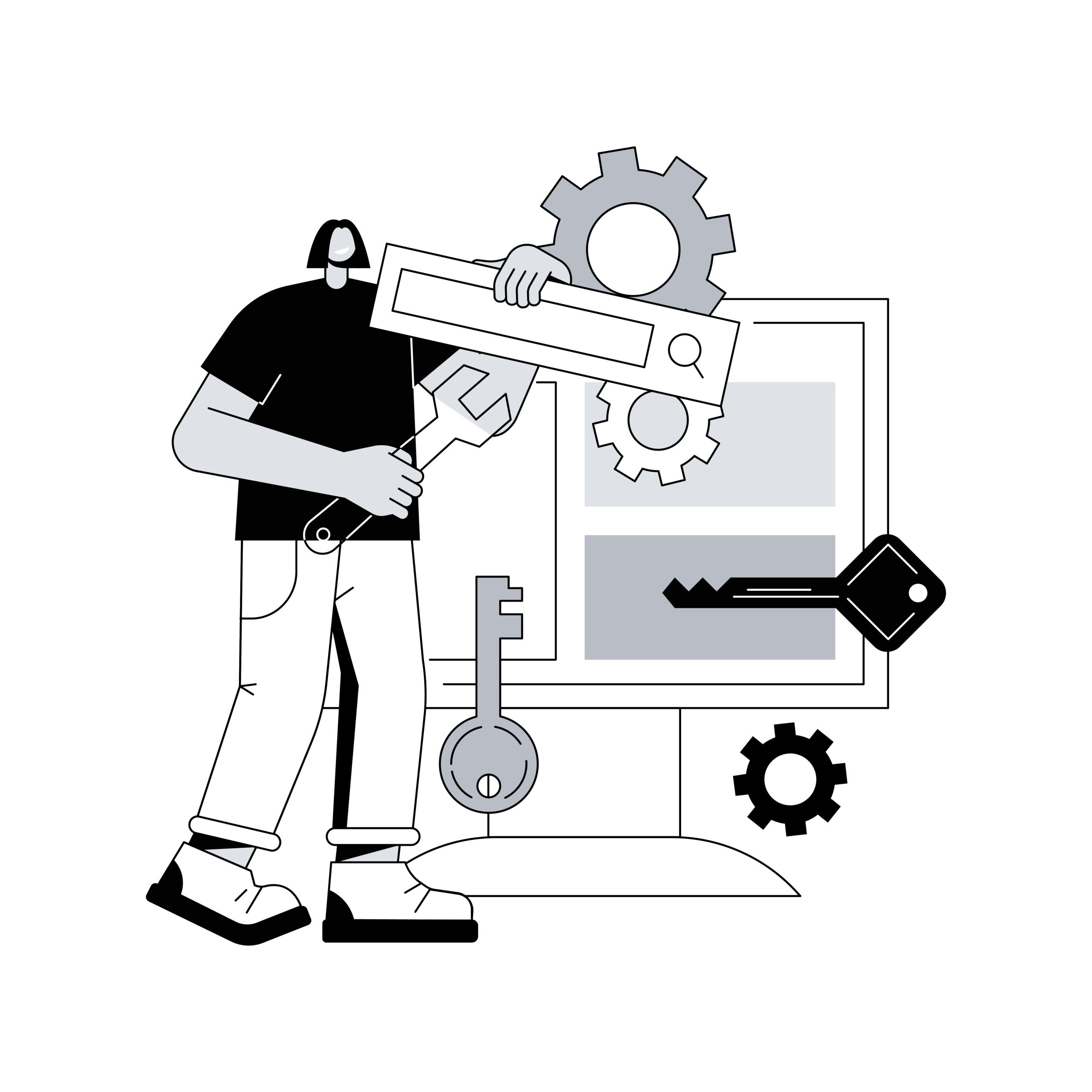 A graphic illustration of a person holding a search browsing in front of an oversized computer with gear icons and keys floating around. 