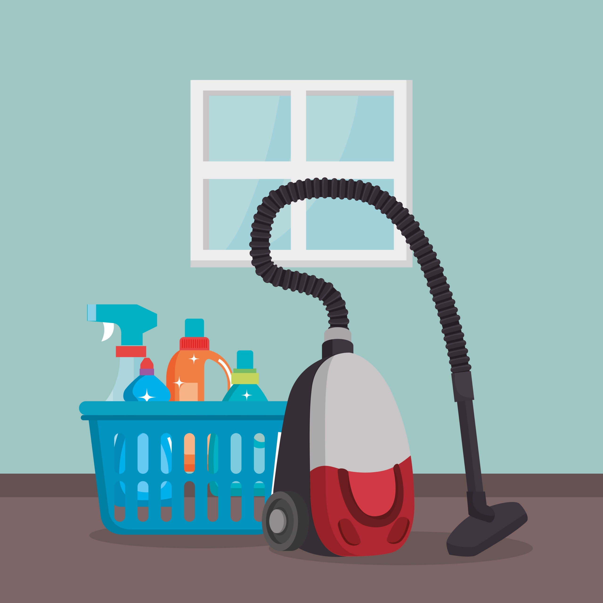 an illustration of a vacuum and a basked with cleaning products behind it is a window. 