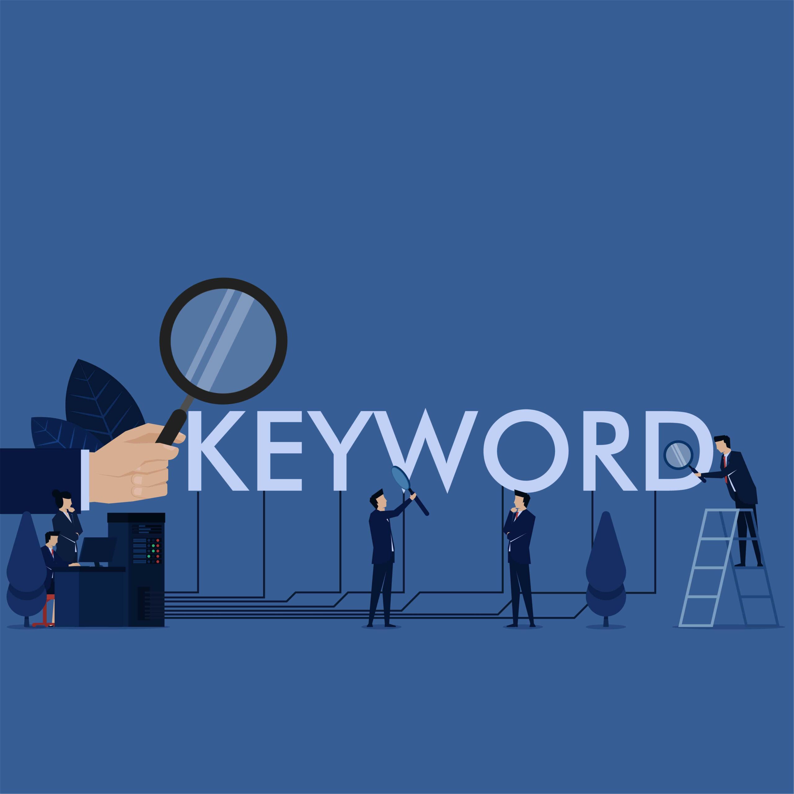 An illustration of business people holding oversized magnifying glasses. The word "keyword appears above them with a giant hand holding another magnifying glass.