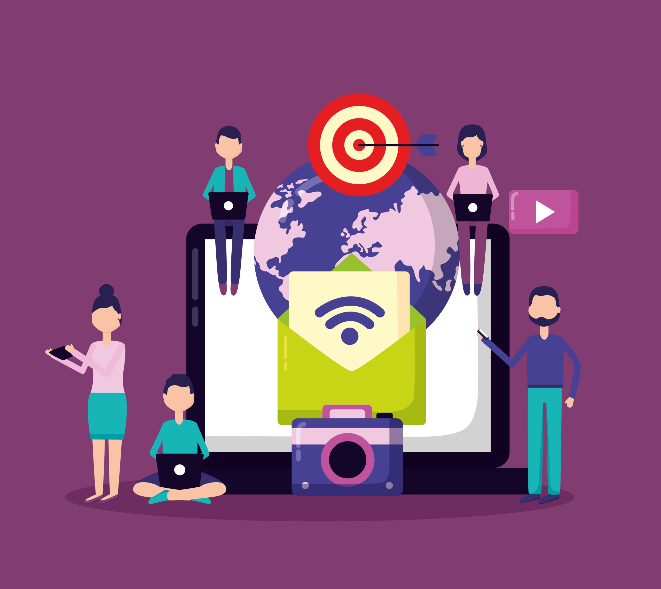 a graphic vector of several people surround a laptop, camera, and a wifi link. On top of all that is a bullseye target with an arrow in the middle.