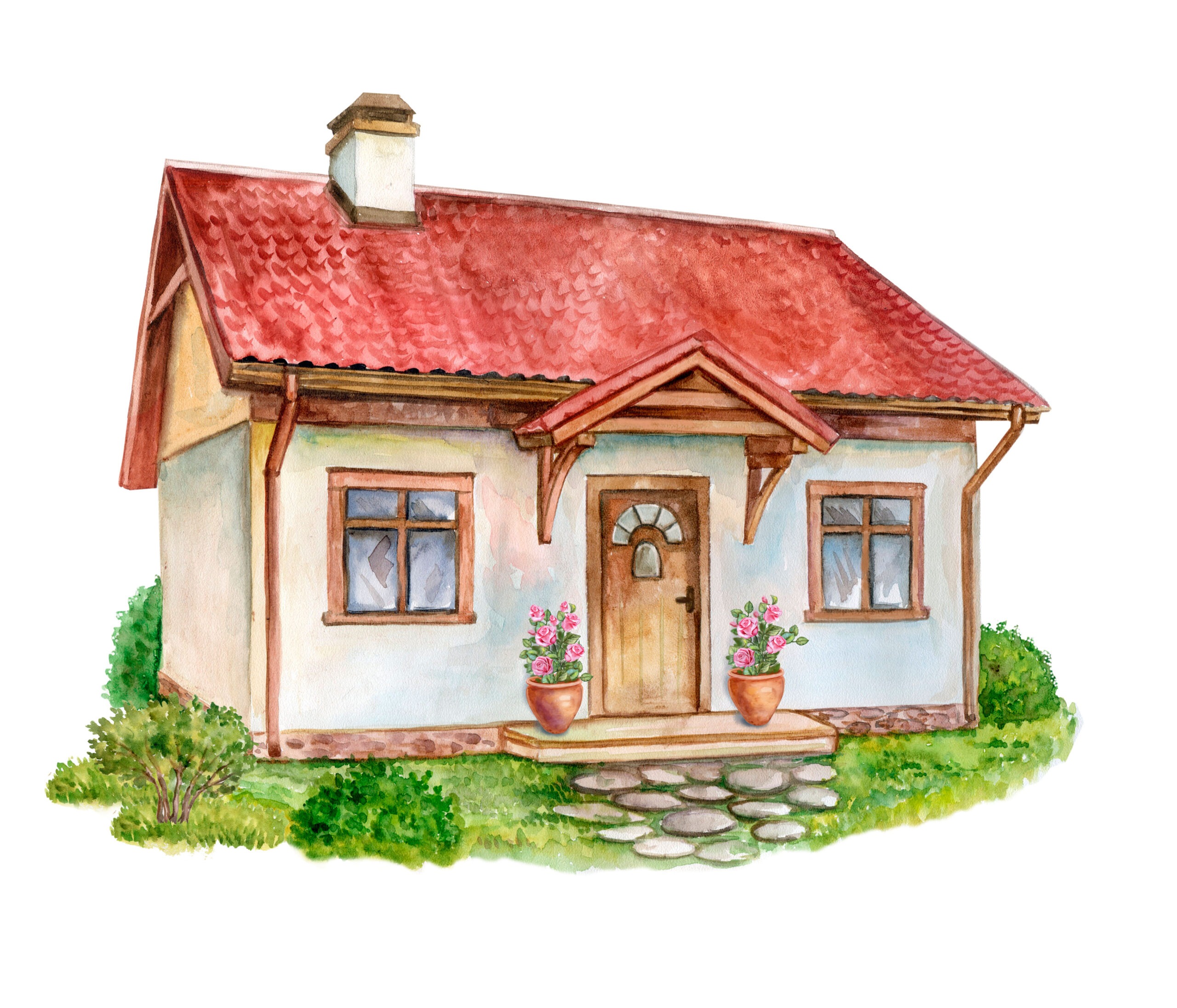 Water color painting of a cottage hosue