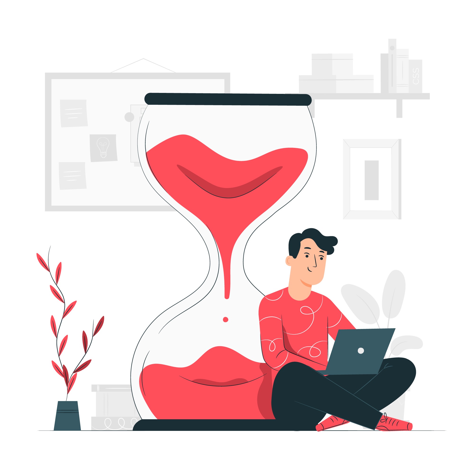 An illustration of a person sitting on the floor with their laptop behind them is a giant hour glass.