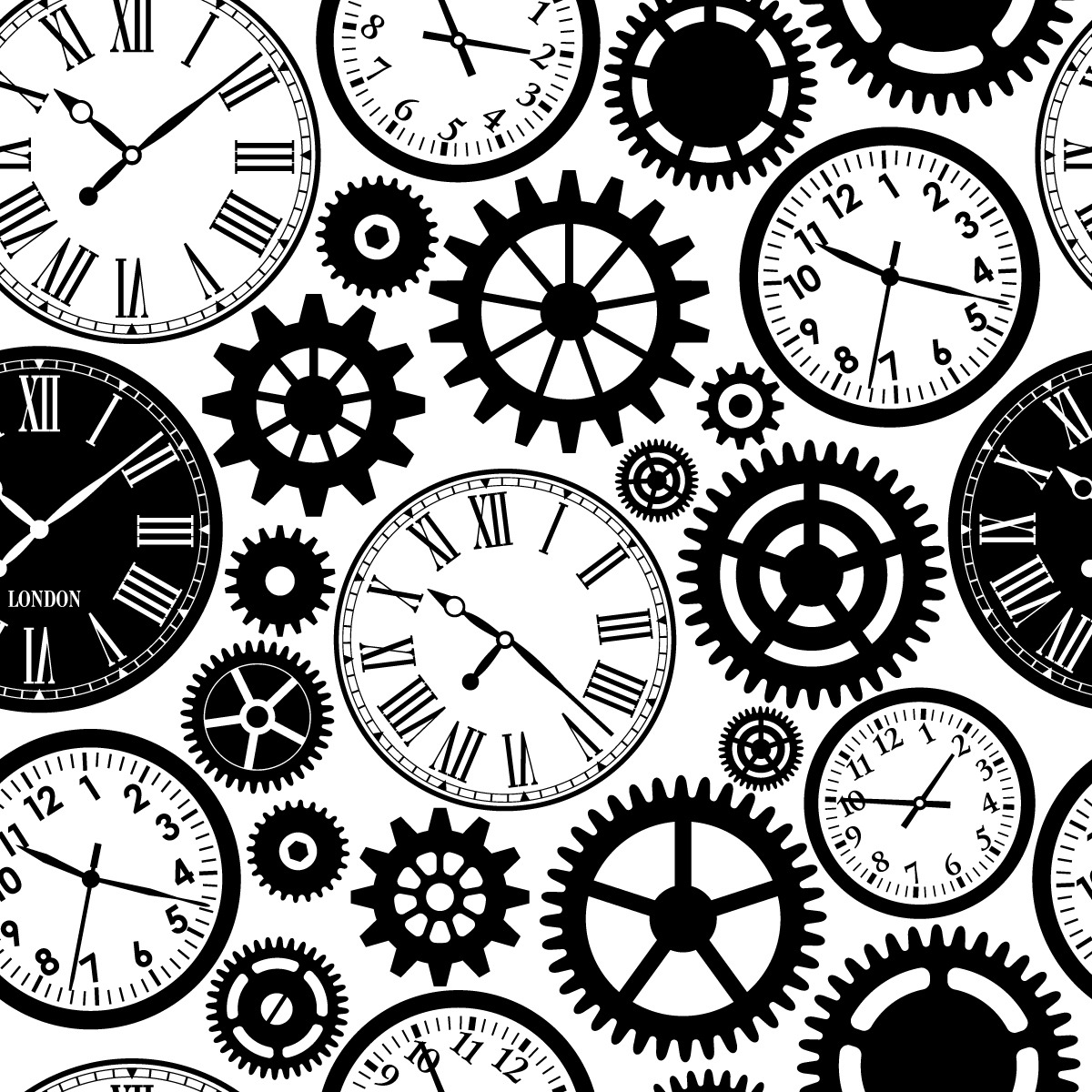 A graphic of several clocks and gears in black and white.