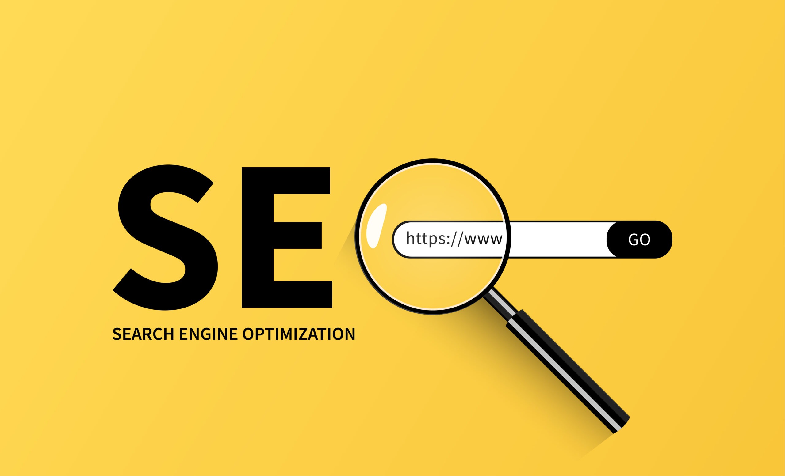 An illustration of the word SEO and a magnifying glass is replacing the letter, O. With a search bar next to it.