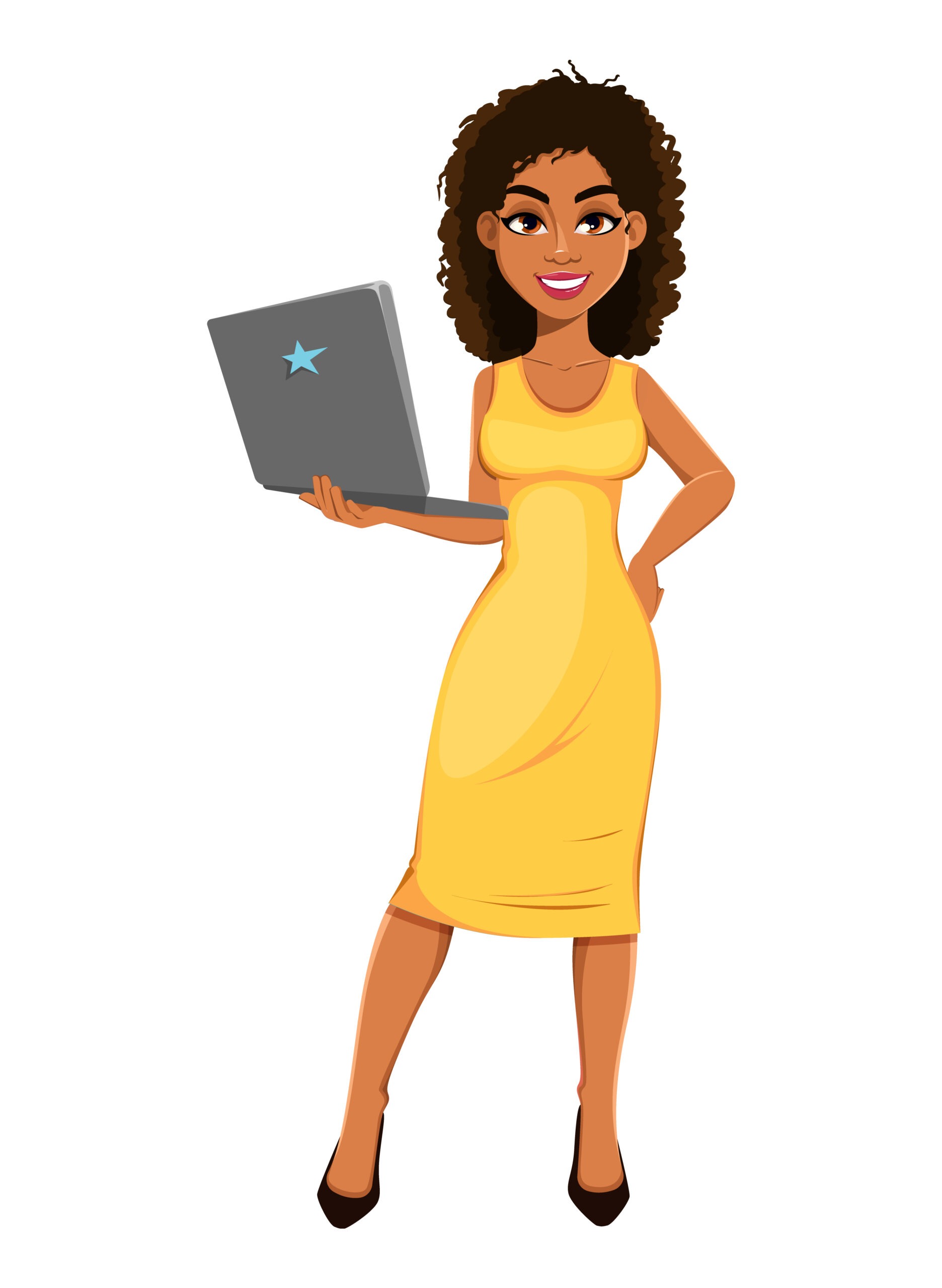 A graphic illustration of a person holding a laptop in a yellow dress. 