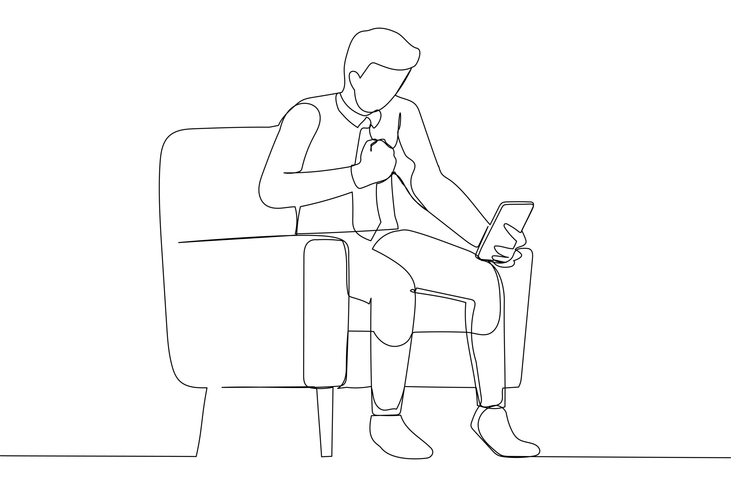 Black and white illustration of a person sitting on a couch holding a cell phone