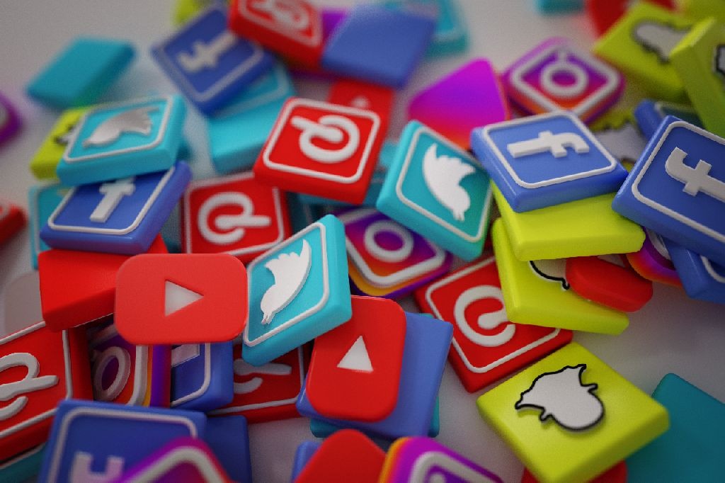 Close up pile of social media logos