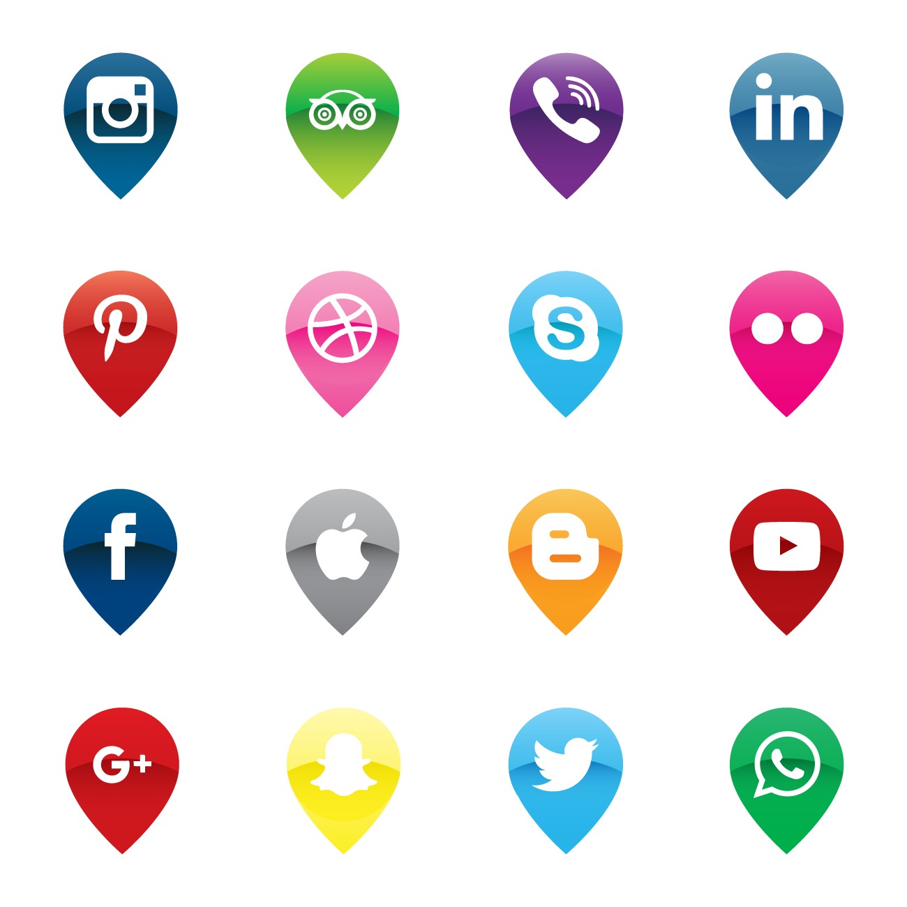 Pins map social media icons pack