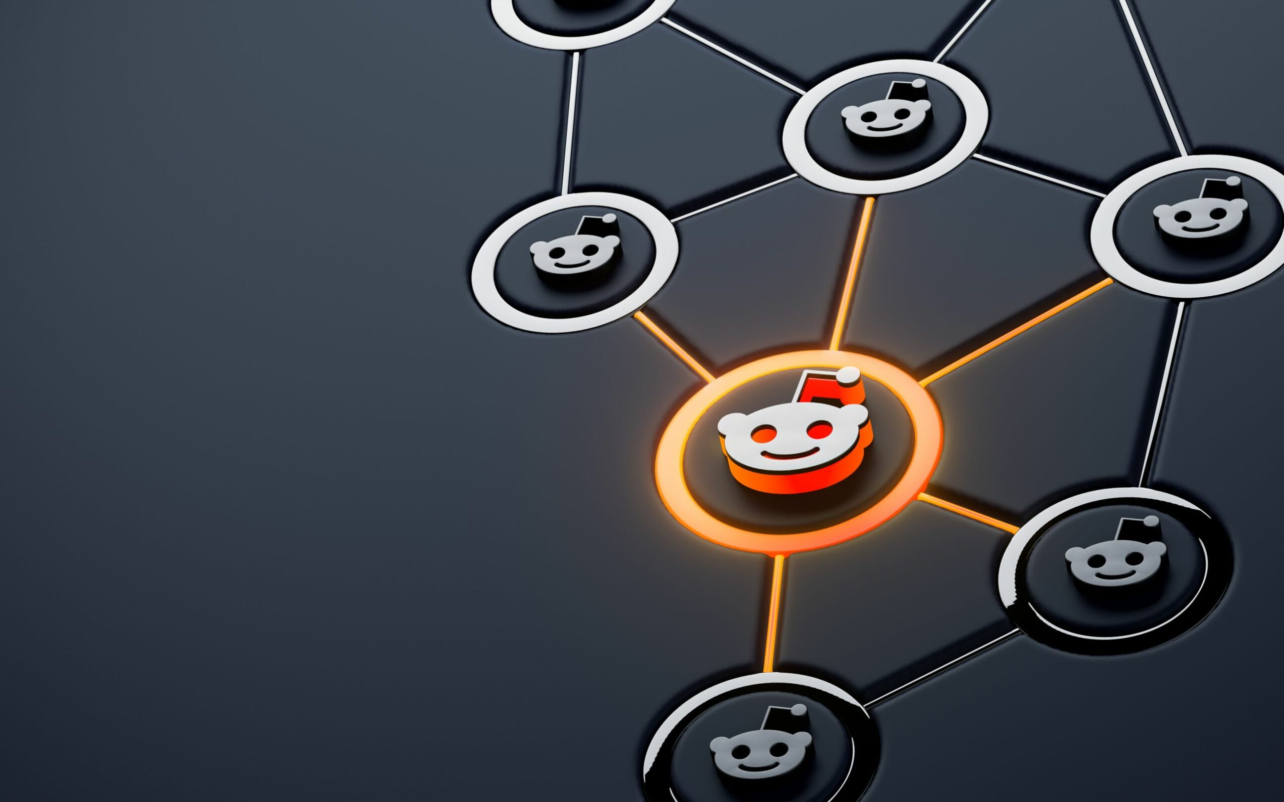 A glowing Reddit logo icon. Surrounded by non-glowing icons, all connected in the typical social networking style.