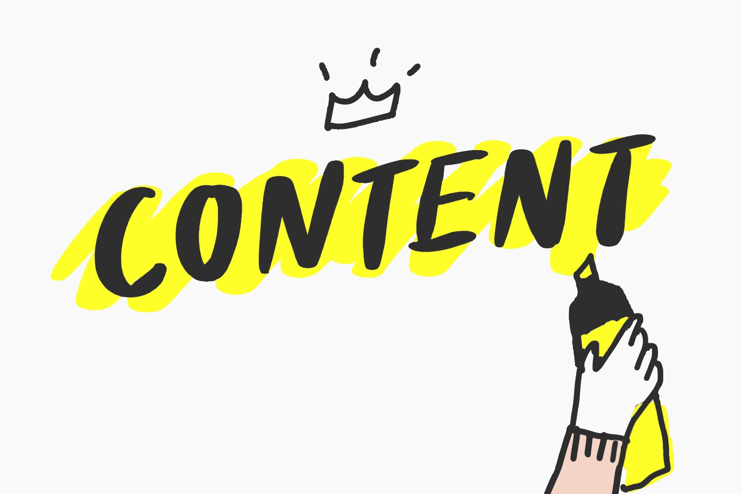 Illustration of a hand with a highlighter and the word "Content" above it highlight in yellow with a crown on top of it. 